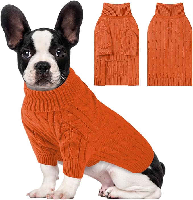 Small Dog Thermal Pullover Sweater, Classic Turtleneck Cable Knitwear Dog Clothes for Cold Weather Warm Pet Clothes for Chihuahua, Bulldog, Dachshund, Pug Orange Small
