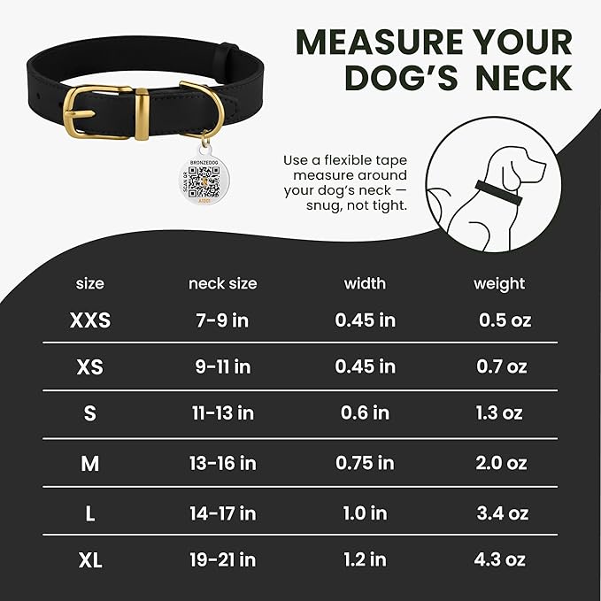 BRONZEDOG Leather Dog Collar with QR ID Tag Basic Pet Collars for Small Mini Dogs Cats Puppies (9-11 Inch (Pack of 1), Black & Gold Buckle)