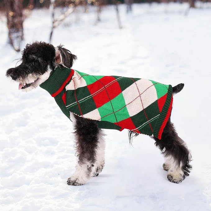 KOOLTAIL Dog Christmas Sweater Pet Knitted Clothes - Classic Plaid Pull Over Turtleneck Dog Sweaters with Leash Hole Warm Dogs Winter Clothing for Small Medium Dogs Cats Puppy Boy Girl Red & Green M