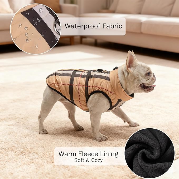 SCENEREAL Winter Dog Vest Coat with Harness Built in, Warm Puppy Jacket for Small Medium Dogs, Cold Weather Coat with Zipper, Fleece Puffer Vest Windproof Snow Clothes, Beige Plaid L