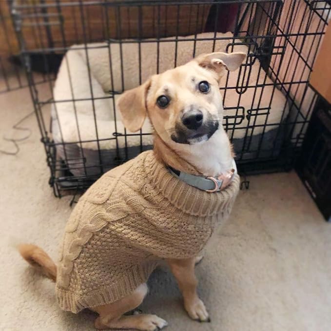 Mihachi Turtleneck Dog Sweater - Winter Coat Apparel Classic Cable Knit Clothes with Leash Hole for Cold Weather, Ideal Gift for Pet in New Year Beige 3XL