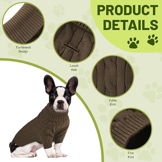 Small Dog Thermal Pullover Sweater, Classic Turtleneck Cable Knitwear Dog Clothes for Cold Weather Warm Pet Clothes for Chihuahua, Bulldog, Dachshund, Pug Tan X-Large