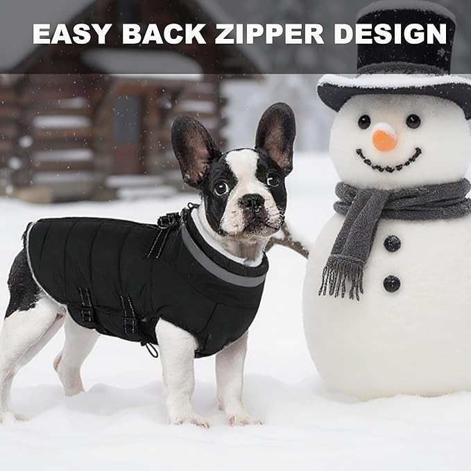 Small Dog Coat with Harness Built-in, Waterproof Reflective Fleece Lined - Warm Windproof Winter Jacket with Back Zipper, Cold Weather Snow Dog Coats - Black - S
