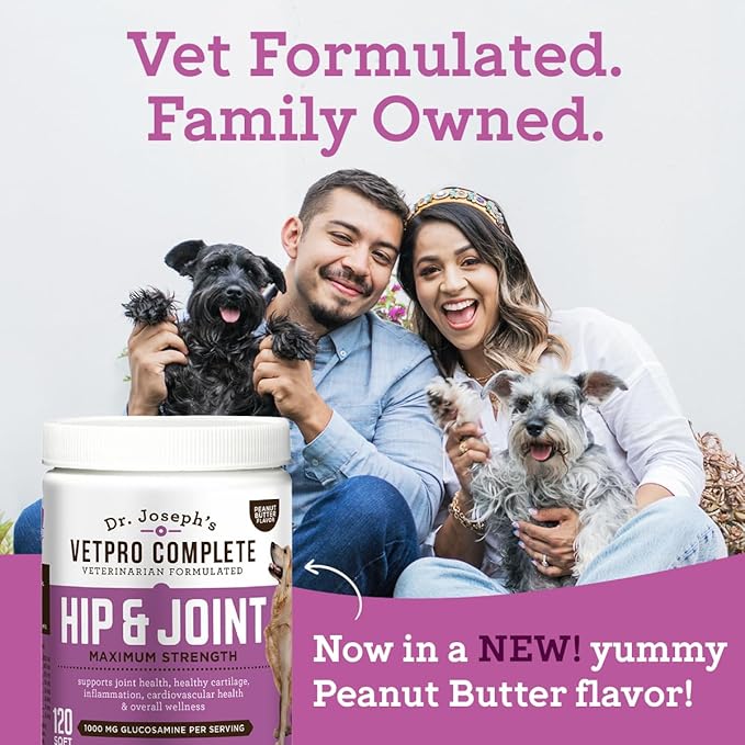 VetPro Complete Dr. Joseph's Peanut Butter Hip and Joint Dog Chews, 60 Count, Pain and Inflammation Relief with Glucosamine, Chondroitin, MSM, Turmeric, Vitamin C, Omega 3, Treats Hip Dysplasia