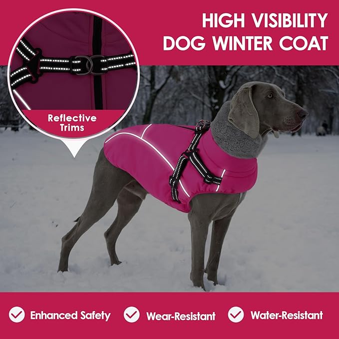 AOFITEE Dog Coat, Waterproof Dog Jacket with Harness Built in, Dogs Coats for Lage Dogs, Warm Fleece Zipped Pet Puffer Jacket, Outdoor Cold Weather Coats Pet Snowsuit for French Bulldog, Pink L