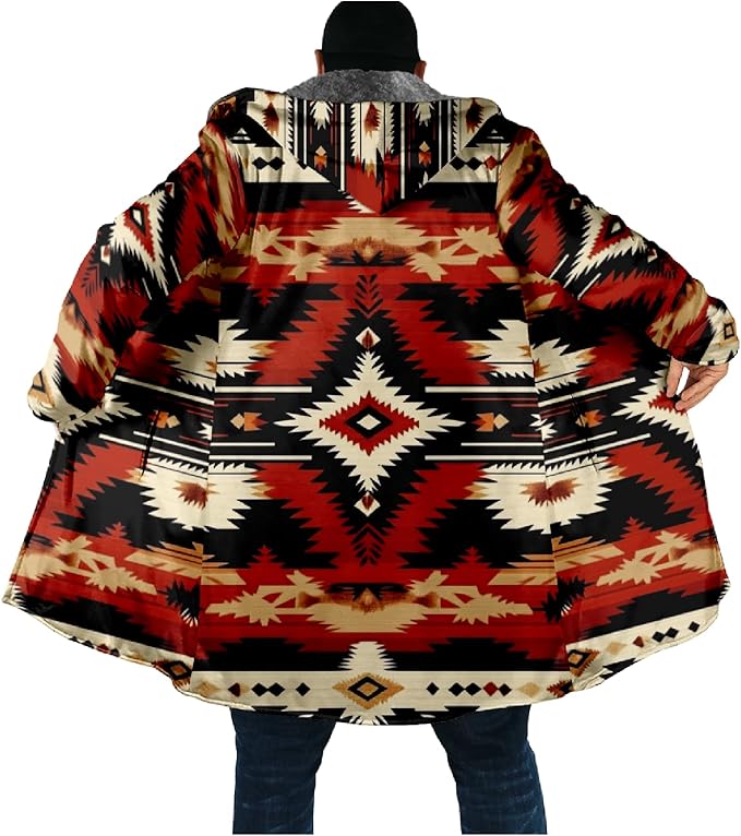 Mens Aztec Print Hoodie Heavyweight Cotton Fleece Jacket Zip Up Warm Long Sleeve Hooded Winter Midi Coat