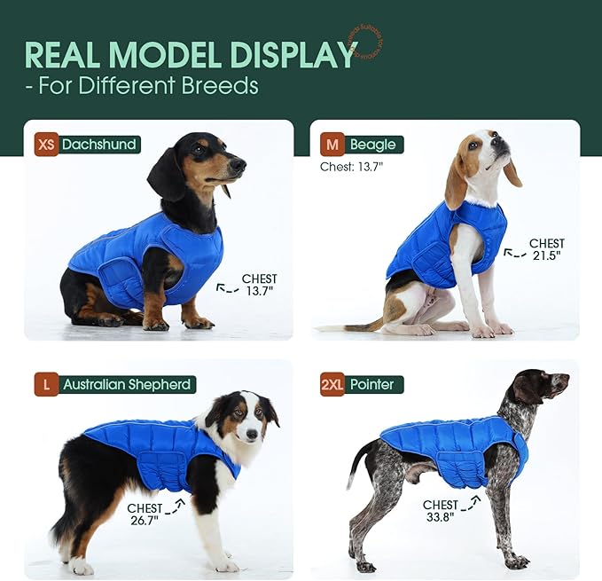 Kuoser Dog Puffer Jacket Warm Dog Coat for Extra Large Dogs, Windproof Reflective Pet Padded Vest Cold Weather Clothes Puppy Snowsuit with Hook & Loop Coats, Easy On/Off, Blue 2XL