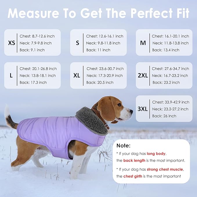 Dog Winter Coat, Waterproof Dog Jacket with Leash Hole, Reflective Adjustable Pet Snow Vest, Warm Fleece Sweater for Small Medium Large Dogs - Light Purple, 2XL
