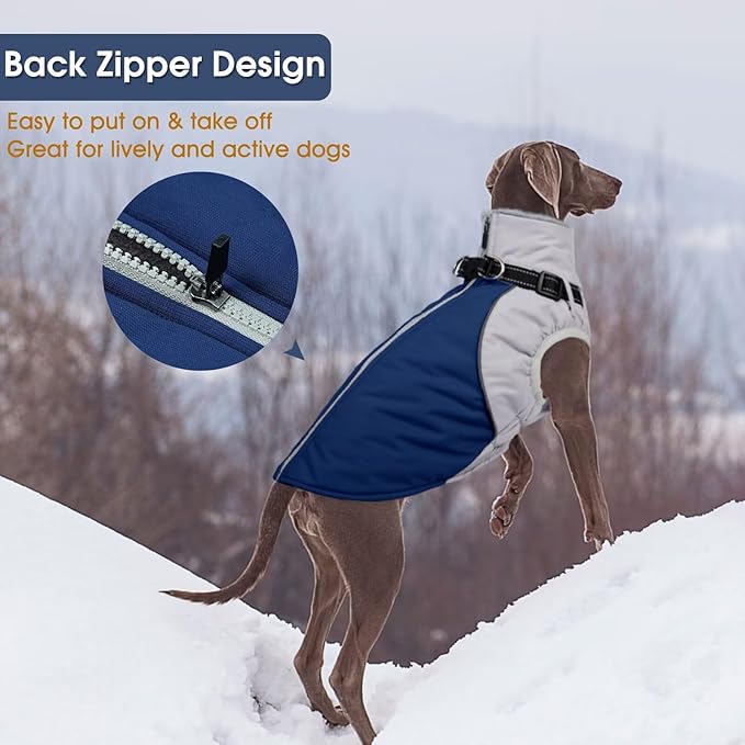 Dog Coat,Water-Repellent Dog Winter Jacket with Adjustable Buckle,Reflective Turtleneck Pet Snow Vest Dogs,Warm FleeceDog Winter Coat Cold Weather Jacket with Harness Built-in,Blue,M