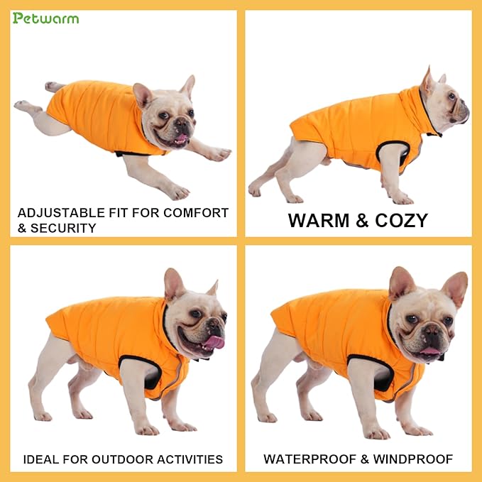 PetWarm Reversible Dog Cold Weather Coats, Waterproof Dog Puffer Vest, Vest for Dogs with Hook-and-Loop Strap, Windproof Outdoor Coat for Winter Walks and Snowy Days, Orange, 2XL