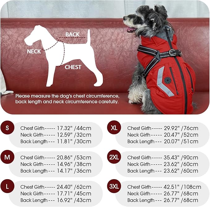 FUAMEY Dog Winter Coat Waterproof, Warm Fleece Lined Jacket for Dogs, Extra Large Goggie Vest with Harness Built in, Pet Cold Weather Coats Doggy Outfits Back Zipper, Border Collie (Red, 2XL)