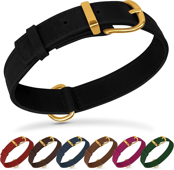 Leather Dog Collar - Heavy Duty Adjustable Soft Padded Pet Collars for Small Medium Large Dogs Breed - Black Green Brown Pink Red Blue (Black, L, 15"-19" Neck Fit)