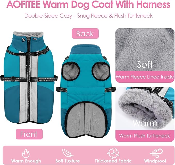 AOFITEE Dog Coat, Warm Dog Jacket with Harness Built-in, Waterproof Medium Dogs Cold Weather Coat with Zipper, Reflective Fleece Lined Pet Snow Jackets for Pug, Jack Russell, Boston Terrier, M