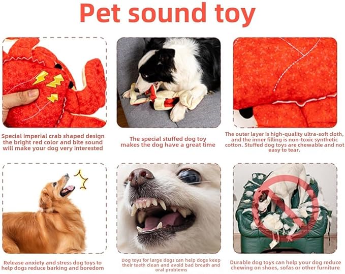 RED Crab Dog Toys -Cute King Crab Squeak Plush Dog Toy for Aggressive chewers,Dental Toy for Aggressive Chewers, Large/Small Breed (13.78 inch)