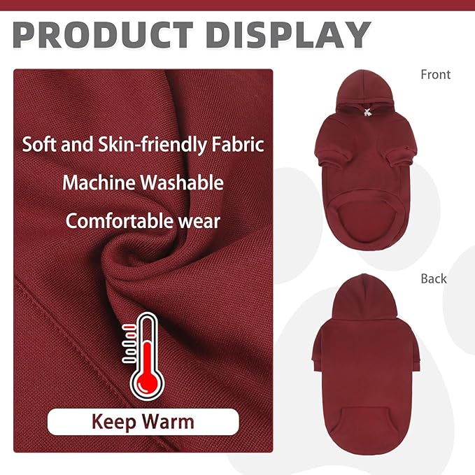 KOOLTAIL Soft and Warm Dog Hoodie Sweater with Leash Hole and Pocket, Winter Coat for Small to Large Dogs, Cat, Puppy, Boys, Girls - Deep Red SM