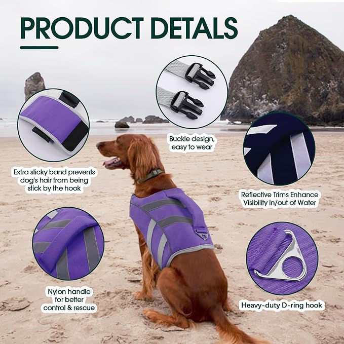 Kuoser Dog Life Jacket with Reflective Stripes - Adjustable High Visibility Vest, Ripstop Lifesaver, Pet Preserver with High Flotation Swimsuit for Small, Medium and Large Dogs