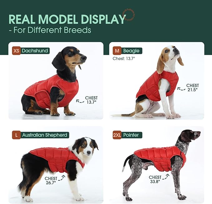 Kuoser Dog Puffer Jacket Warm Dog Coat for Extra Large Dogs, Windproof Reflective Pet Padded Vest Cold Weather Clothes Puppy Snowsuit with Hook & Loop Coats, Easy On/Off, Red 3XL