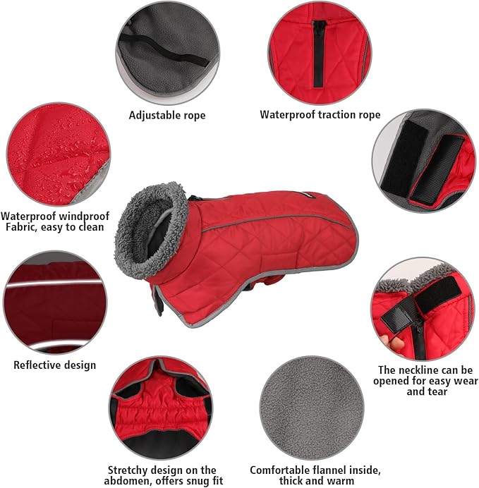 Fragralley Dog Coat Large, Waterproof Dog Jacket with Warm Fleece Lining, Adjustable Reflective Dogs Winter Coat, Turtleneck Pet Coats for Cold Weather (Red,L)