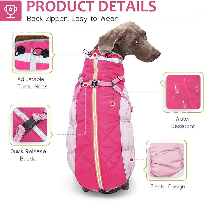 Dog Winter Coat with Harness, Dog Jacket, Pet Clothes with Zipper on Back, Waterproof Windproof Warm Vest, Reflective Cold Weather Coats, for Small Medium Large Dogs, Thick, Pink, 3XL