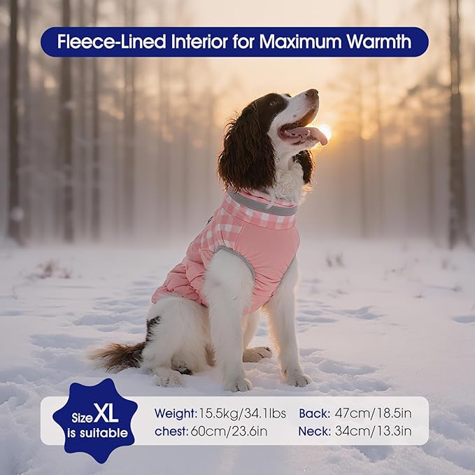 FUAMEY Dog Coat for Large Dogs,Waterproof Dog Winter Jacket with Harness Built in Puppy Cold Weather Coats Reflective Pet Vest with Zipper Warm Fleece Dogs Snowsuit Windproof Pink Plaid 3XL