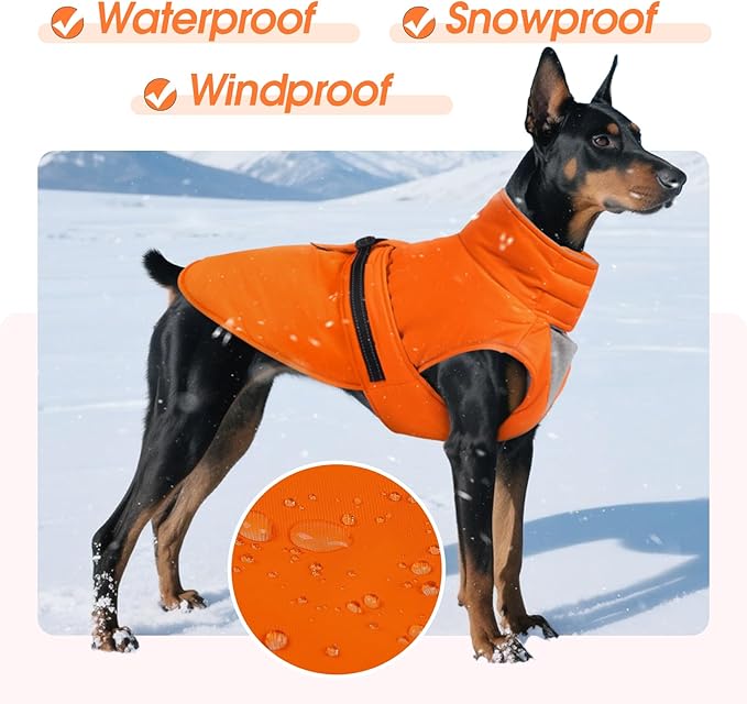 Medium Dog Coat, Warm Dog Winter Jacket, Waterproof Dogs Snowsuit With Foldable High Collar, Reflective Strips, Leash Hole, And Adjustable Hook & Loop Closure - Ideal For Cold Weather- Orange M