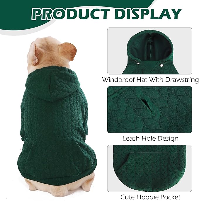 EXPAWLORER Textured Cable Knit Basic Dog Hoodie, Elevated Style Dog Sweater with Leash Hole and Pocket, Soft and Warm Pet Winter Coat, Cold Weather Clothes for Small Medium Large Dogs Cats,Green S