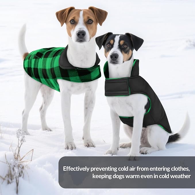 ASENKU Dog Winter Coat, Fleece Doggie Jacket Plaid Reversible Vest Waterproof Windproof Cold Weather Clothes for Small Medium Large Dogs (Green, XL)