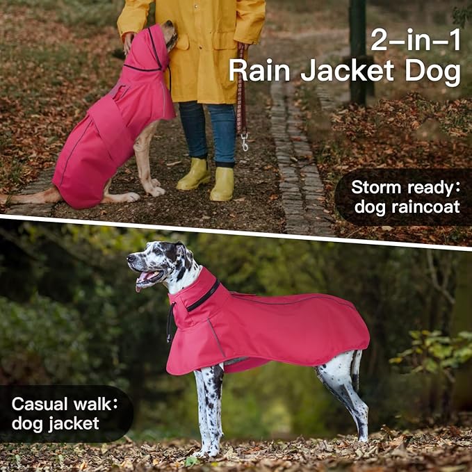 Large Dog Raincoat, Reflective Waterproof Rain Jacket with Convertible Hood/Collar, Lightweight Adjustable Dog Poncho with Leash Hole Full Coverage (Neon Pink, L)
