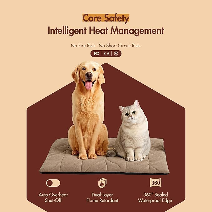 Dog Heating Pad (48"x28") - Waterproof Electric Heated Mat & Pet Bed for Indoor and Outdoor Use, Chew Resistant Cord, Machine Washable Cover with Wheat Pattern Quilting, for Cats and Pets