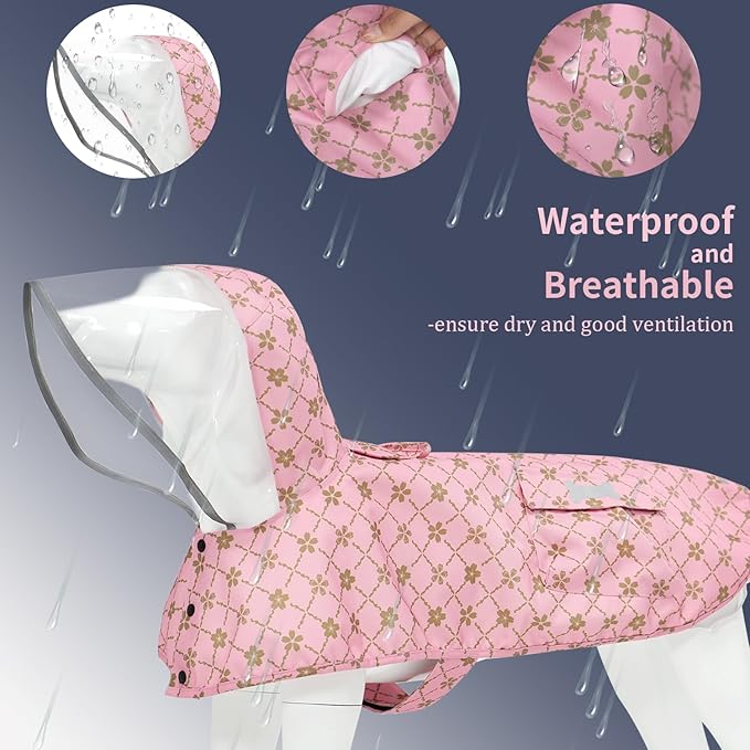 Waterproof Dog Raincoat, Adjustable Reflective Lightweight Pet Rain Clothes with Poncho Hood (Gold Cheery Blossoms Pink, XX-Large)