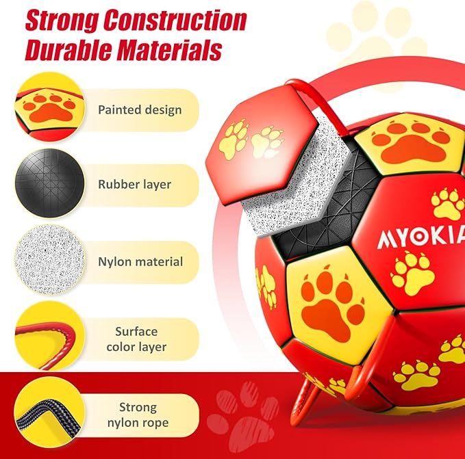 Size 3 Interactive Dog Soccer Ball with Strap, Red & Yellow, Eye-Catching Paw Prints Design, Ideal Outdoor Training Pet Toy, Perfect Choice for Medium & Large Dogs' Playtime