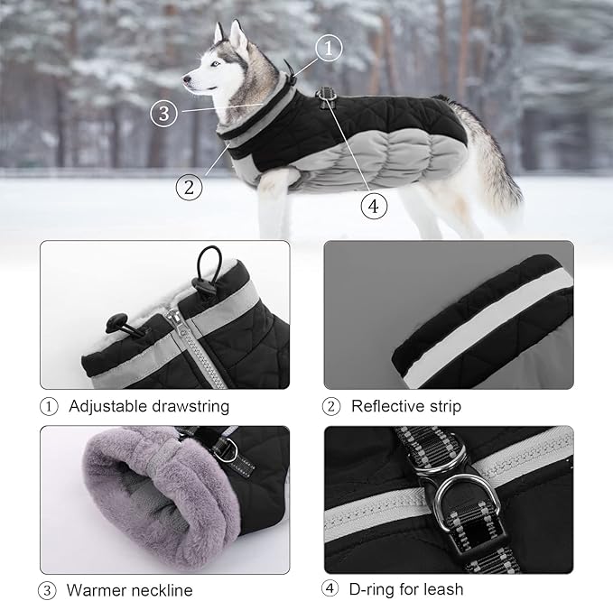 Lelepet Dog Coat Warm Dog Winter Coat Waterproof Dogs Jacket with Harness Built in Reflective Pet Fleece Vest Zip-Up Cold Weather Coats for Large Dogs Turtleneck & Windproof Coats Boston Terrier Black