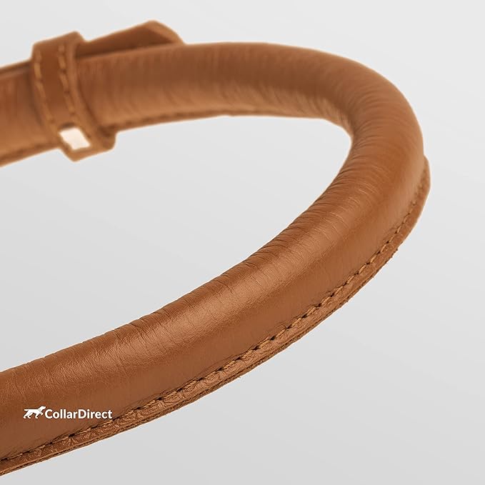 CollarDirect Rolled Leather Dog Collar, Soft Padded Round Puppy Collar, Handmade Genuine Leather Collar Dog Small Large Cat Collars 13 Colors (15-19 Inch, Cinnamon Textured)