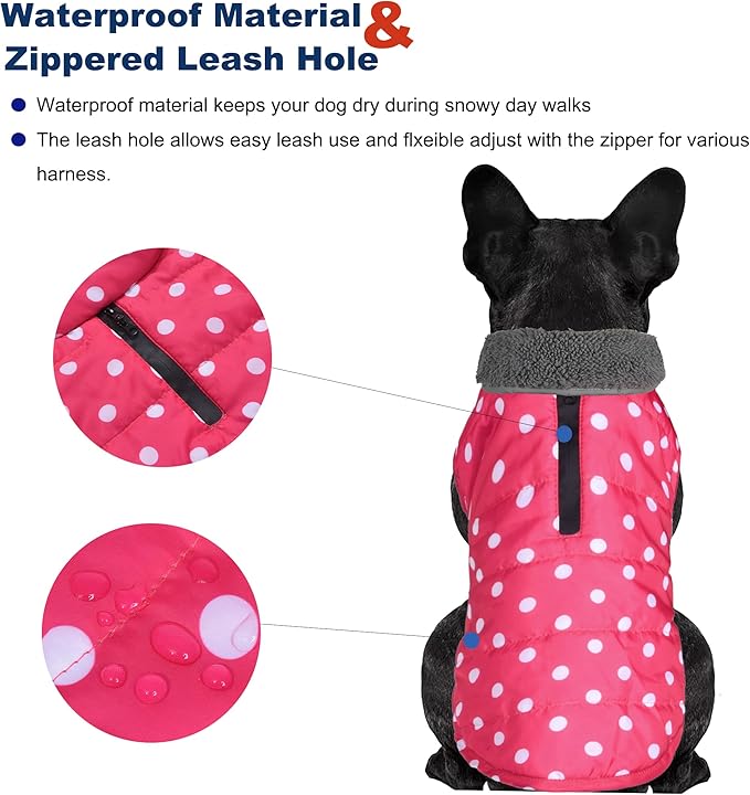 Dog Winter Coat, Waterproof Dog Jacket with Leash Hole, Reflective Adjustable Pet Snow Vest, Warm Fleece Sweater for Small Medium Large Dogs - Pink Polka Dot, XS