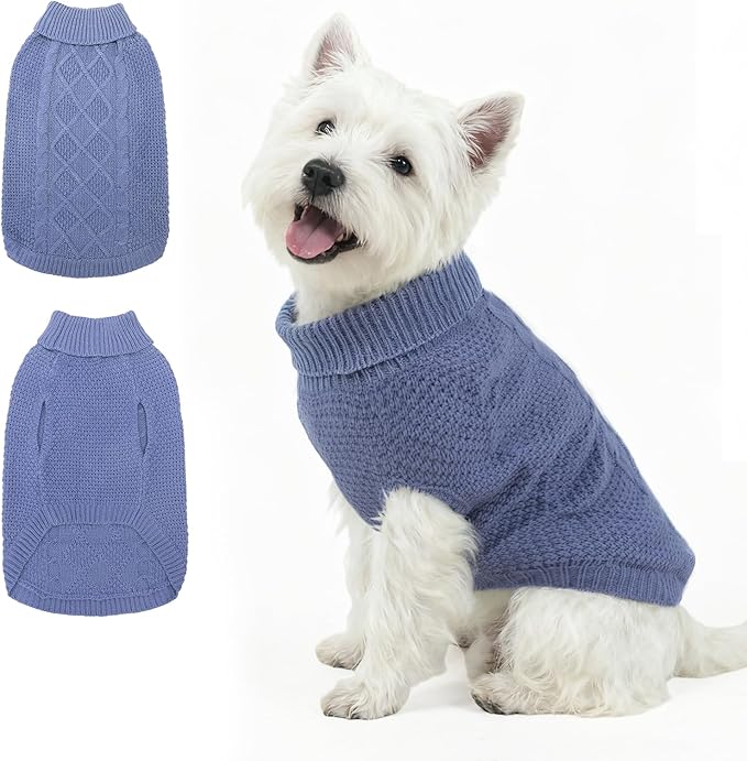 Mihachi Turtleneck Dog Sweater - Winter Coat Apparel Classic Cable Knit Clothes with Leash Hole for Cold Weather, Ideal Gift for Pet in New Year Grayish Blue SM