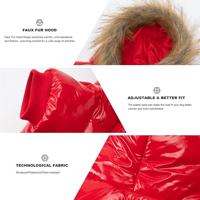 PINA Dog Winter Coat with Faux Fur Hood, Windproof and Warm, Red, S - Suitable for Small to Large Dogs