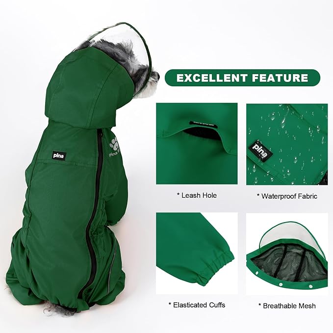 PINA Dog Raincoat - Waterproof Dog Jacket with Hood and Reflective Strap, Lightweight Poncho for Wet Weather, Full Wrap Design for Full Protection
