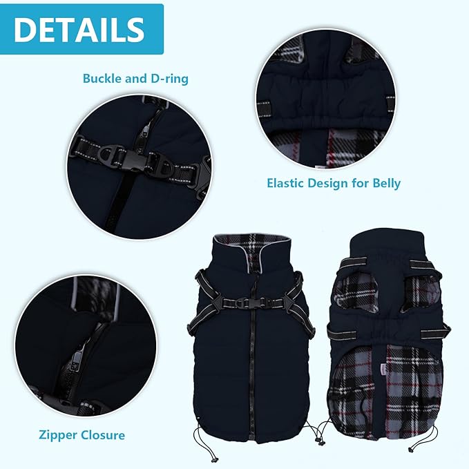 Geyecete Winter Warm Coat Waterproof Dog Winter Jacket with Harness Traction Belt,Pet Outdoor Jacket Dog Autumn and Winter Clothes for Medium, Small Dog-Navy-XS