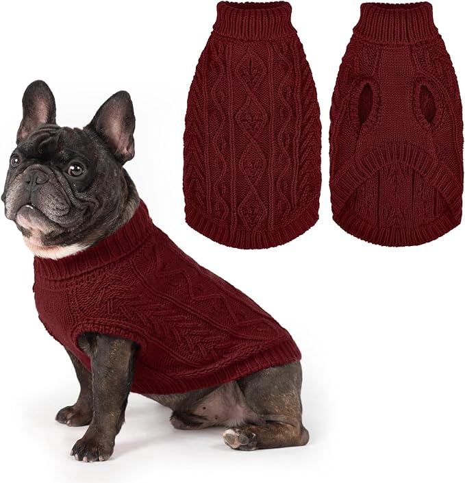 PUPTECK Dog Sweater, Turtleneck Warm Knitted Pullover Coat, Thick Cable Knitwear Clothes in Winter, Pet Apparel Outfits for Small Medium Dogs, for Cold Weather Indoor & Outdoor, Deep Red M