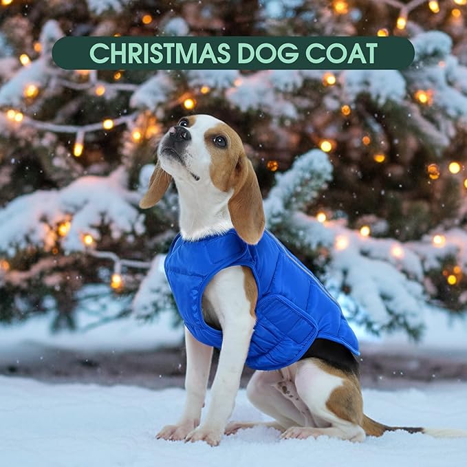 Kuoser Dog Puffer Jacket Warm Dog Coat for Medium Large Dogs, Windproof Reflective Pet Padded Vest Cold Weather Clothes Puppy Snowsuit with Hook & Loop Coats, Easy On/Off, Blue L