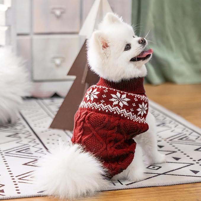 Warm Winter Pink Dog Sweater - Cold Weather Pet Clothes for Small Medium Large Dogs Indoor Outdoor, Soft Classic Knit Puppy Apparel Coat, Dark Red, S