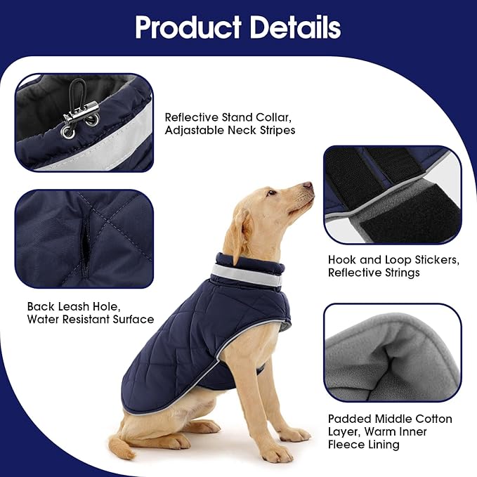 Dog Winter Coat Warm Padded Puppy Jacket Windproof Water Resistant Clothes for Small Medium Large Pets Christmas Sweater Outfit Vest(DarkBlue, XL)