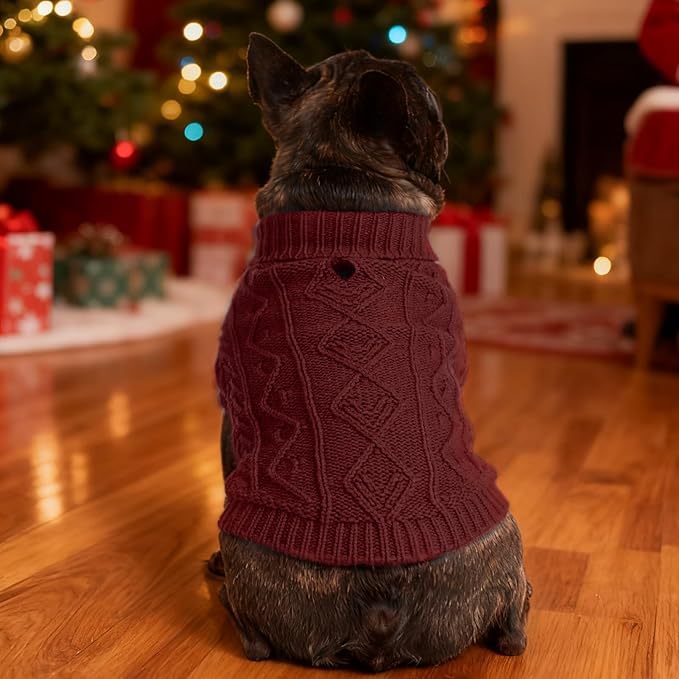 PUPTECK Dog Sweater, Turtleneck Warm Knitted Pullover Coat, Thick Cable Knitwear Clothes in Winter, Pet Apparel Outfits for Small Medium Dogs, for Cold Weather Indoor & Outdoor, Deep Red SM