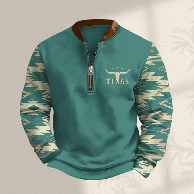HOTYD Aztec Cowboy Jacket Men Vintage Bullhorn Printed Oversized Western Sweatshirt Long Sleeve Quarter Zip Pullover
