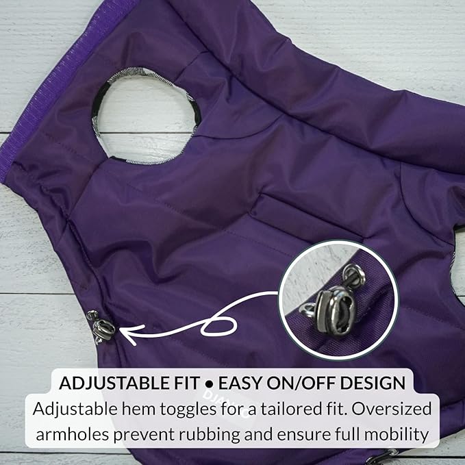 DJANGO Reversible Puffer Dog Coat – Warm Winter Dog Jacket & Water-Repellent Insulated Dog Coat w/Harness Hole, Windproof, Adjustable Fit for Small & Medium Dogs, Dachshunds – Violet Purple, Large