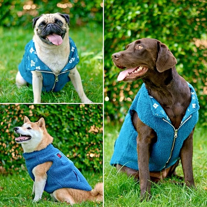 Tuff Pupper Reversible Fleece Sweater Vest for Dogs | Lightweight Comfortable Insulated Jacket | Front Zip Closure | Machine Washable | Built-in Leash Hole | Sizes for All Breeds (Large, Teal)