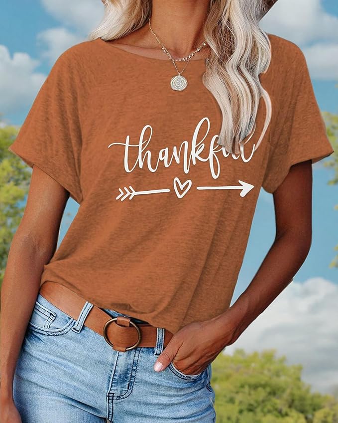 NIUBIA Women's T Shirts Summer Tops Simple Heart Graphic Shirts Sayings Short Sleeve Vacation Casual Blouse Thankful Tee