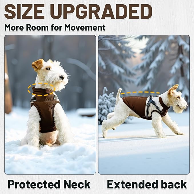 Dog Winter Coat for Small & Medium Dogs (Up to 31lb), Waterproof Dog Coat with Harness, Puppies Windproof Puppy Puffer Jacket, Snowsuit for Dachshund,Frenchie, Corgi (Classic Brown, Medium)