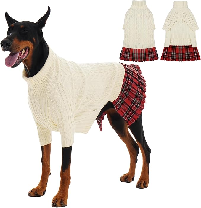 IECOii Girl XXL Dog Sweater Dress, Cozy Cable Knit Dog Sweater for Large Dogs Girl, Beige,XXLarge, 2XL Pet Pullover Knitted Dress for Winter, Turleneck with Sleeve, Warm Sweaters for Female Pitbull