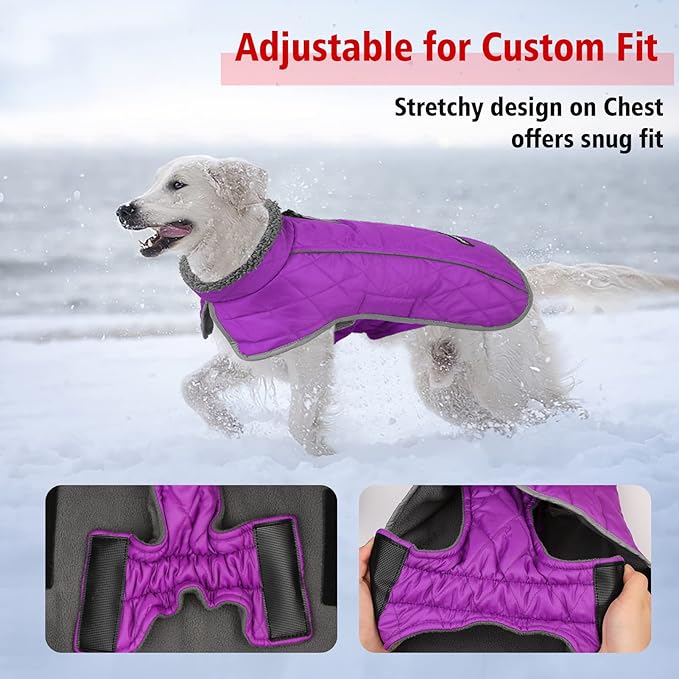 Fragralley Dog Coat Large, Waterproof Dog Jacket with Warm Fleece Lining, Adjustable Reflective Dogs Winter Coat, Turtleneck Pet Coats for Cold Weather (Purple XXL)